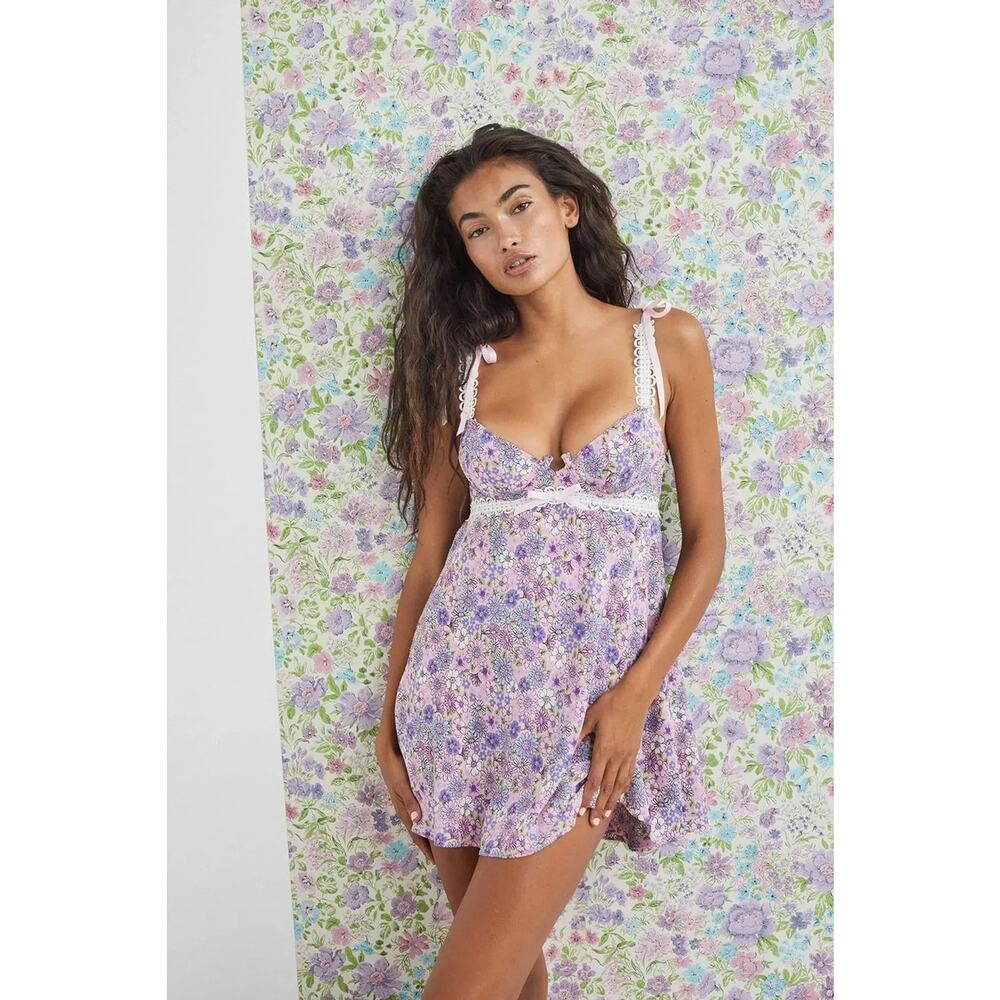 For Love And Lemons Willow Floral Slip Mini Dress Underwired Lavender medium